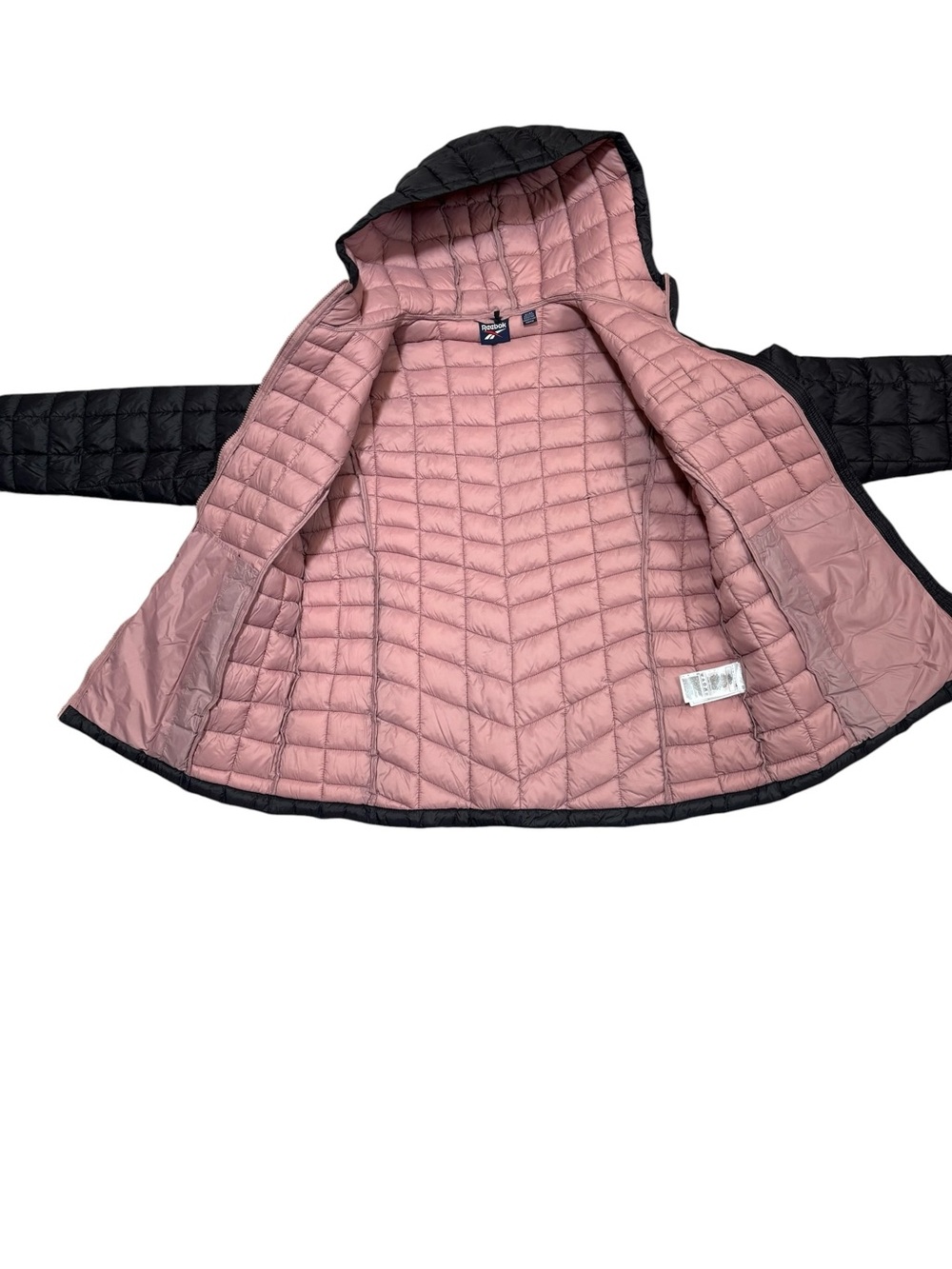 Reebok Lightweight Quilted Hooded Puffer Jacket Charcoal Pink Full Zip XL Coat - Picture 8 of 10